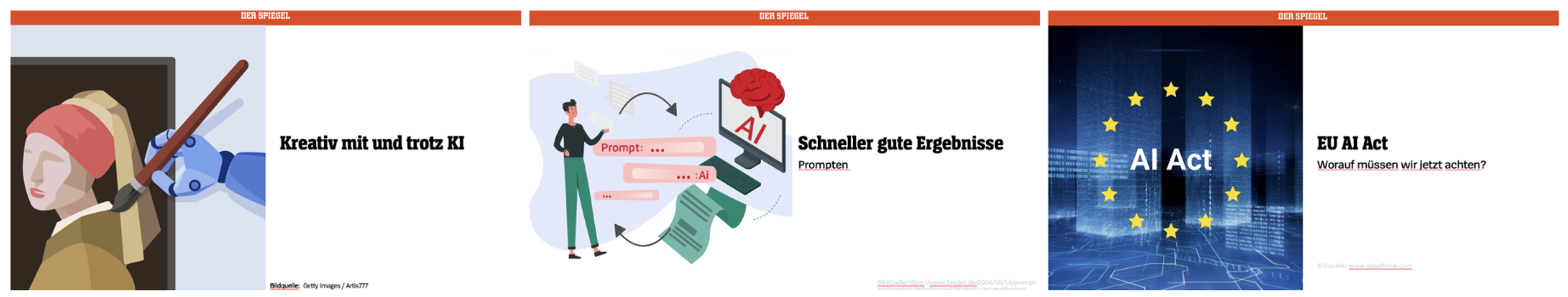 Drei SPIEGEL-Grafiken zu kreativem Arbeiten mit KI, Prompten und dem EU AI Act